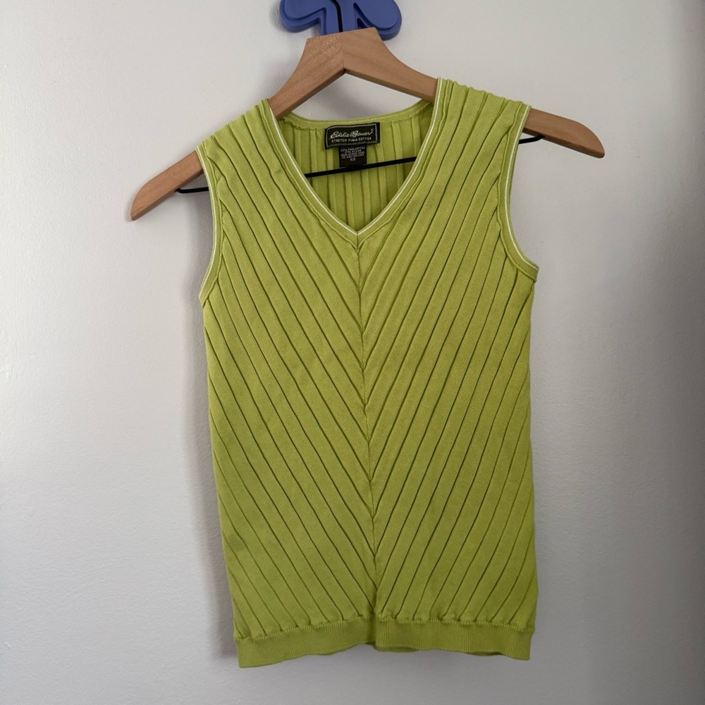 Eddie Bauer XS Pima Cotton Rib V Neck Knit Top Green Stretch Y2K Outdoor Gorp